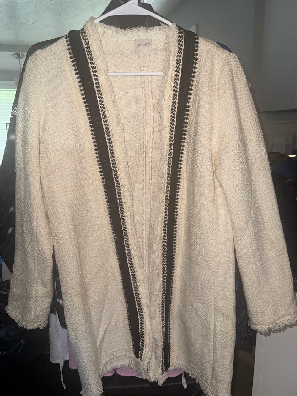 Chico's Cream Open-Front Fringe Trim Cardigan with Black Stripe